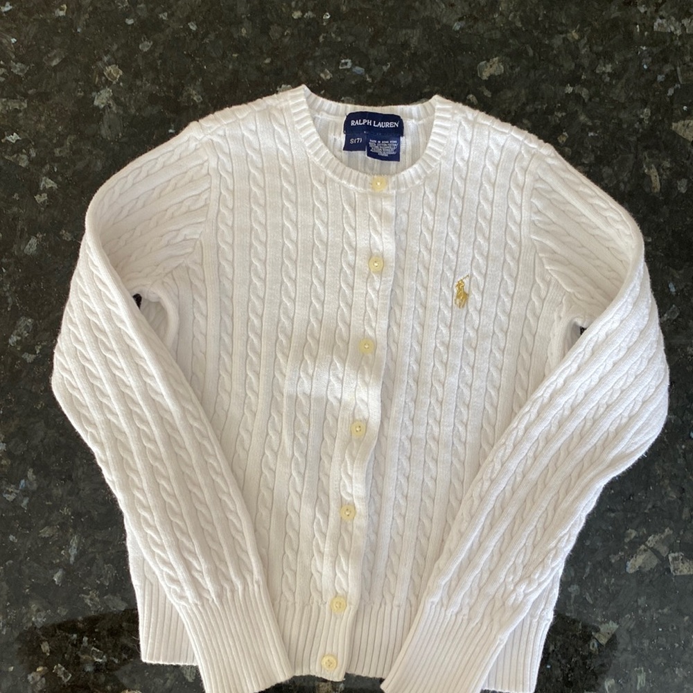Girl’s Ralph Lauren white button down cotton sweater, size 7